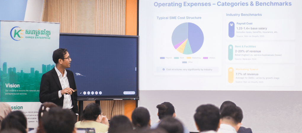 A presenter at a Khmer Enterprise workshop explains operating expenses and industry benchmarks for SMEs to an audience of Cambodian entrepreneurs.